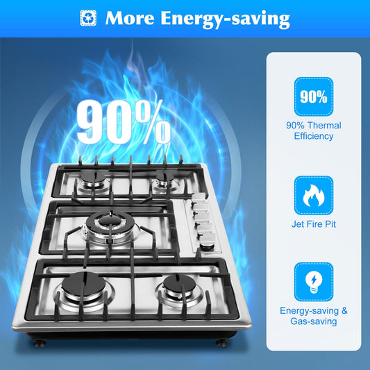 34in Gas Stove Cooktop with 5 Burners Kitchen Stainless Steel Cooker Built-in NG/LPG Gas Cooktop